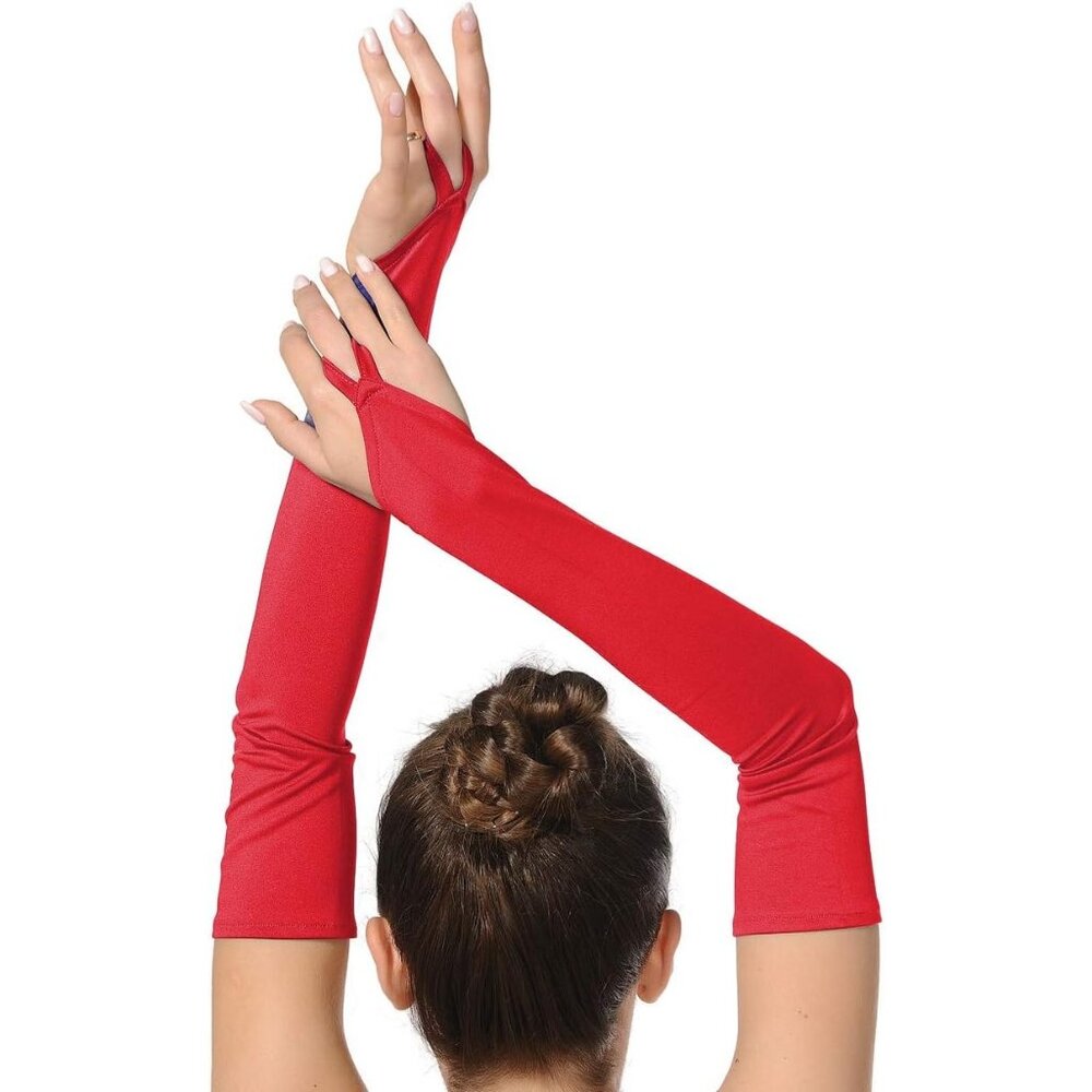 Women's Red Finger Loop Fingerless Elbow Length Long Satin Gloves Cosplay